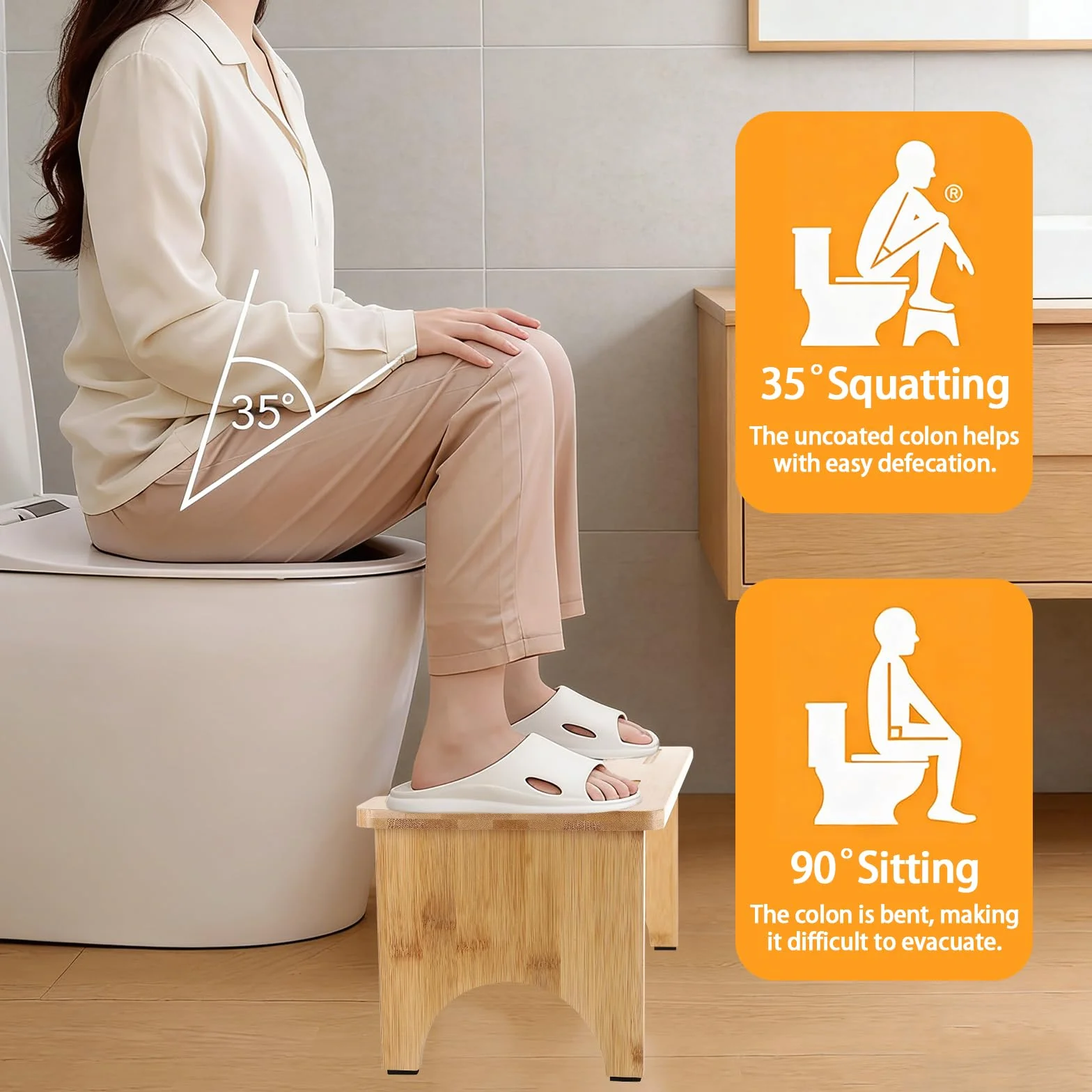 Tabouret Toilette Pliable en Bois, Marche Pied Toilette Tabouret WC, Ergonomique Repose Pied Toilette Stable Antidérapant et Portable, pour Adultes et Enfants