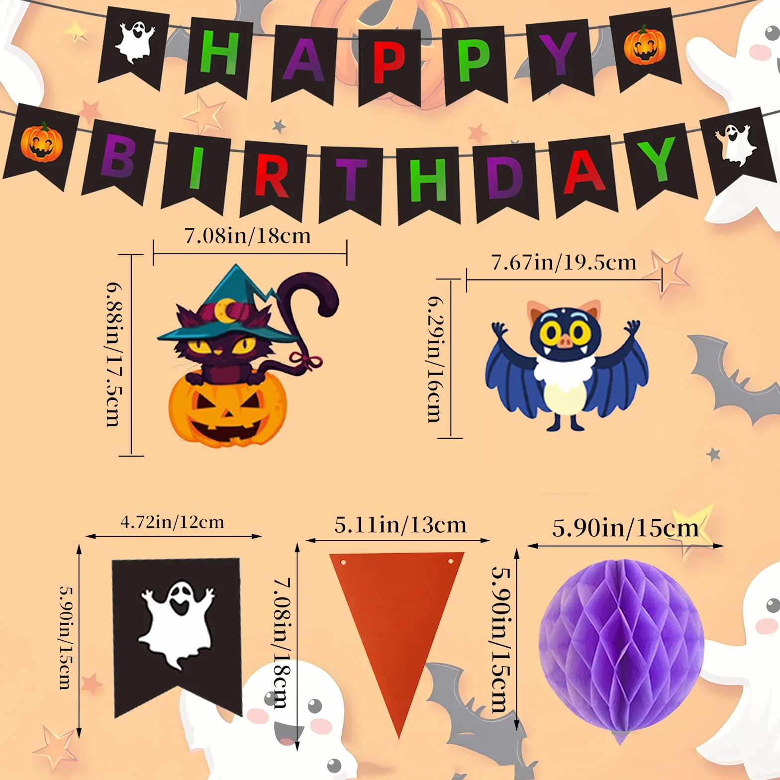 Kit Anniversaire Halloween 47 Pièces Banderole Joyeux Anniversaire Guirlandes Spirale