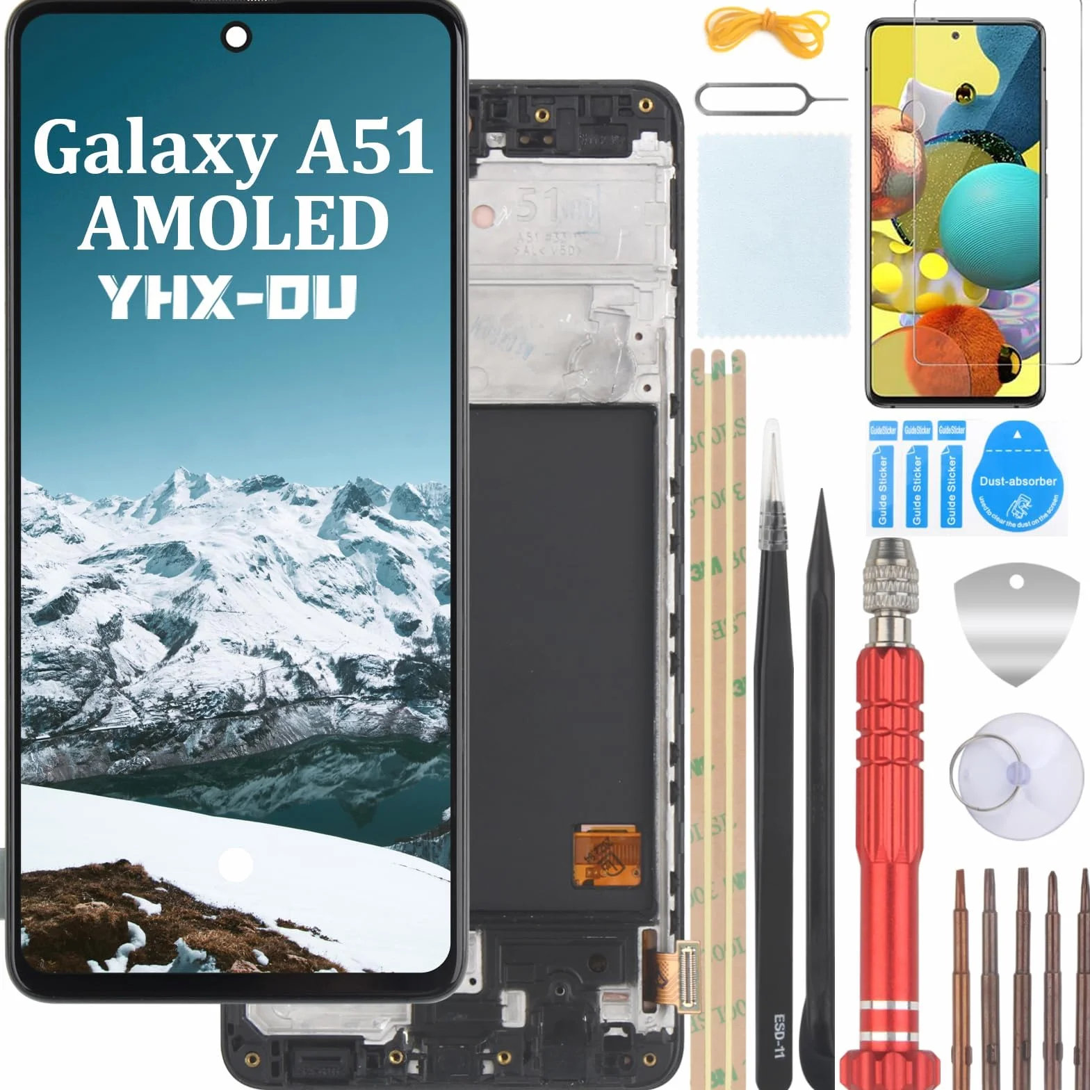 6,5" czarny ekran AMOLED z ramką do Samsung Galaxy A51 4G SM-A515F Pełny ekran dotykowy LCD Wymiana wyświetlacza z folią ochronną na ekran i narzędziami (obsługa odcisku palca)
