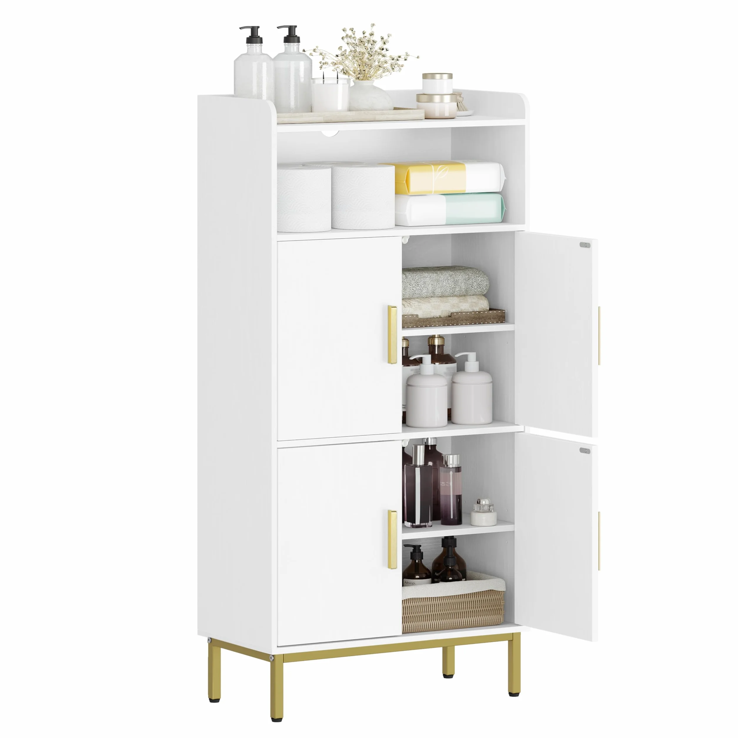 Hzuaneri Meuble Salle de Bain, Armoire de Rangement, Placard Cuisine avec 4 Portes et 1 Espace Ouvert, Armoire de Rangement, Étagères réglables, Salle de Bain, 30 x 60 x 120 cm, Blanc-Or SC45613G