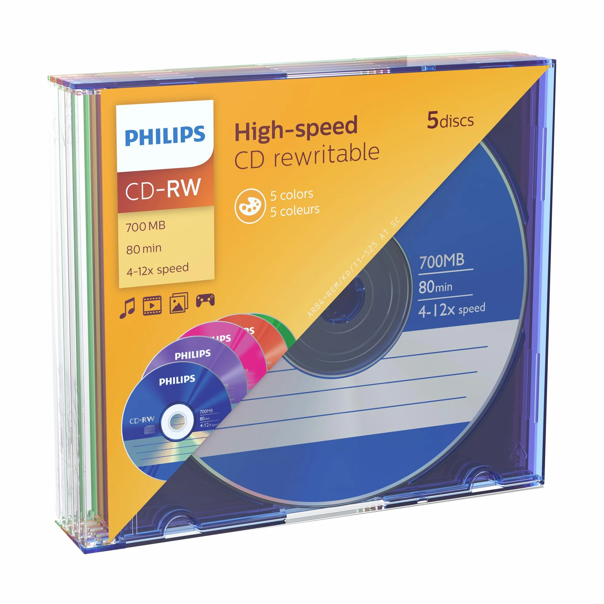 Philips CD-RW nośniki o wysokiej prędkości High-speed (700 MB / 80 minut, 4-12x prędkość, 5 szt. kolorowe Slim Case, wielokrotnego zapisu / nadpisywalne)