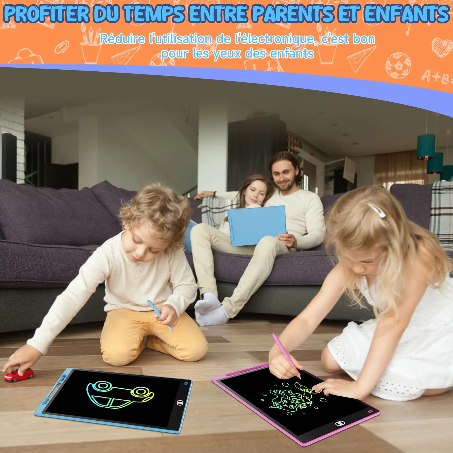 Tablette Dessin Enfant 12 Pouces LCD Colorée Ardoise Magique avec Verrouillage Effacement Jouet Educatif Bleu Rose