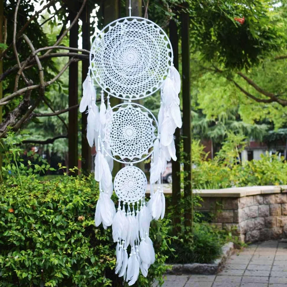 Grand Attrape Rêves Macramé 35cm Cercles Plumes Blanches Décoration Mariage Vintage 110cm