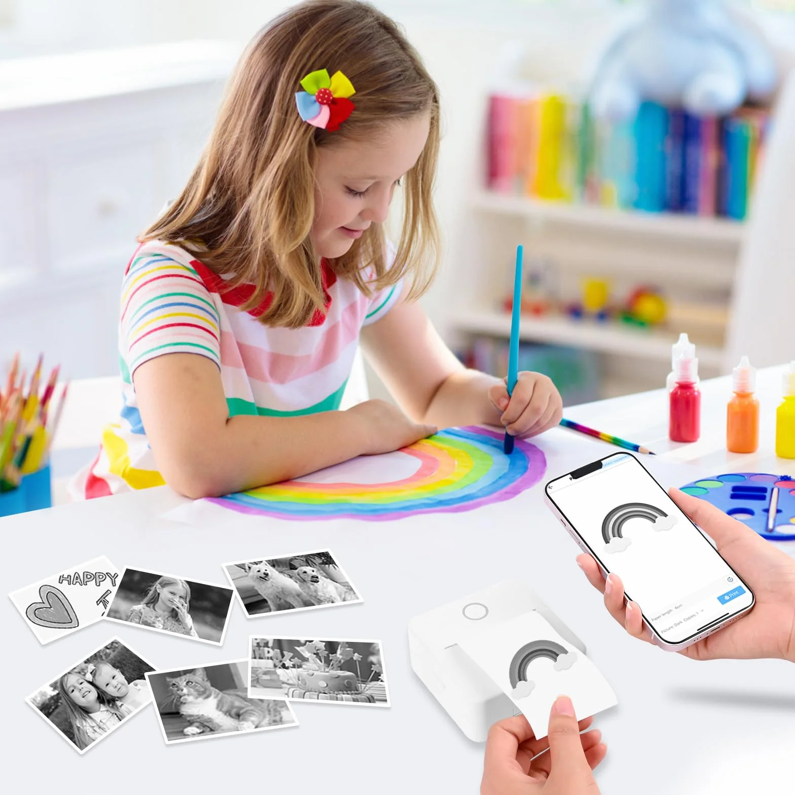 GuKKK Mini drukarka, mobilna drukarka fotograficzna, przenośna, bezprzewodowa drukarka termiczna, 13 rolek papieru do drukarki i 5 kredek, smartfon Bluetooth, do listy, dziennika