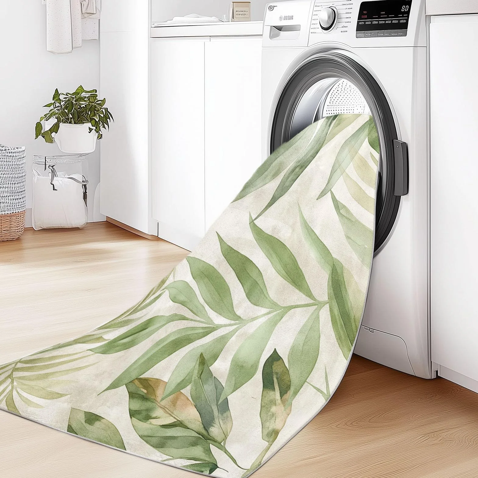 Tapis Lavable en Machine Motif Feuilles Tropicales À L'Aquarelle 120 x 180 cm Vert Clair pour Salon Chambre
