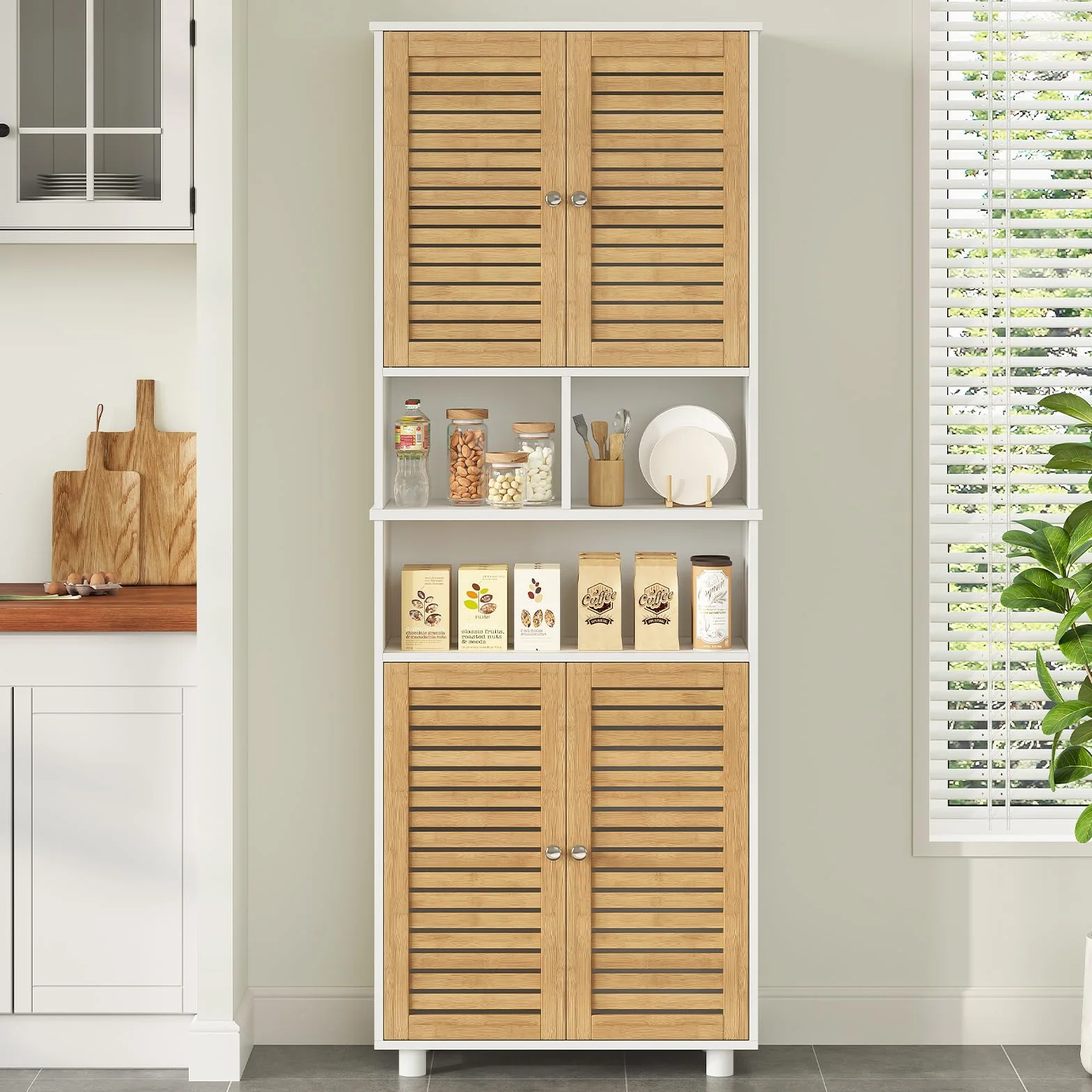 Meuble Colonne de Salle de Bain, Armoire Haute Cuisine avec 3 Étagères Réglables et Ouvertes, 4 Portes en Bambou, Meuble de Rangement pour Salon, Cuisine, Salle de Bain, 60x30x170 cm