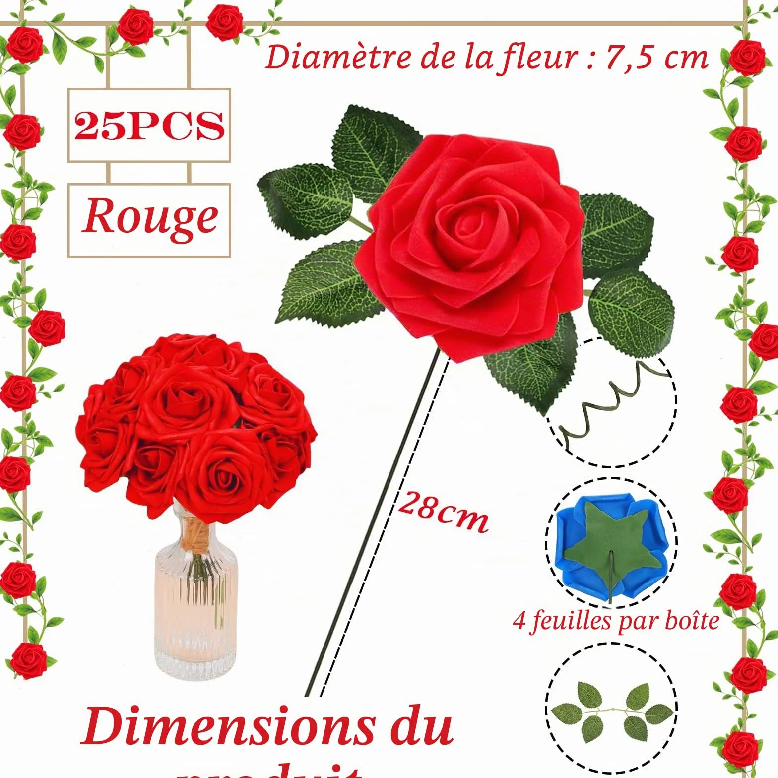 COSORO 25 pièces Fleurs Artificielles Rouges Fausses Roses avec Tiges Décoration Florale