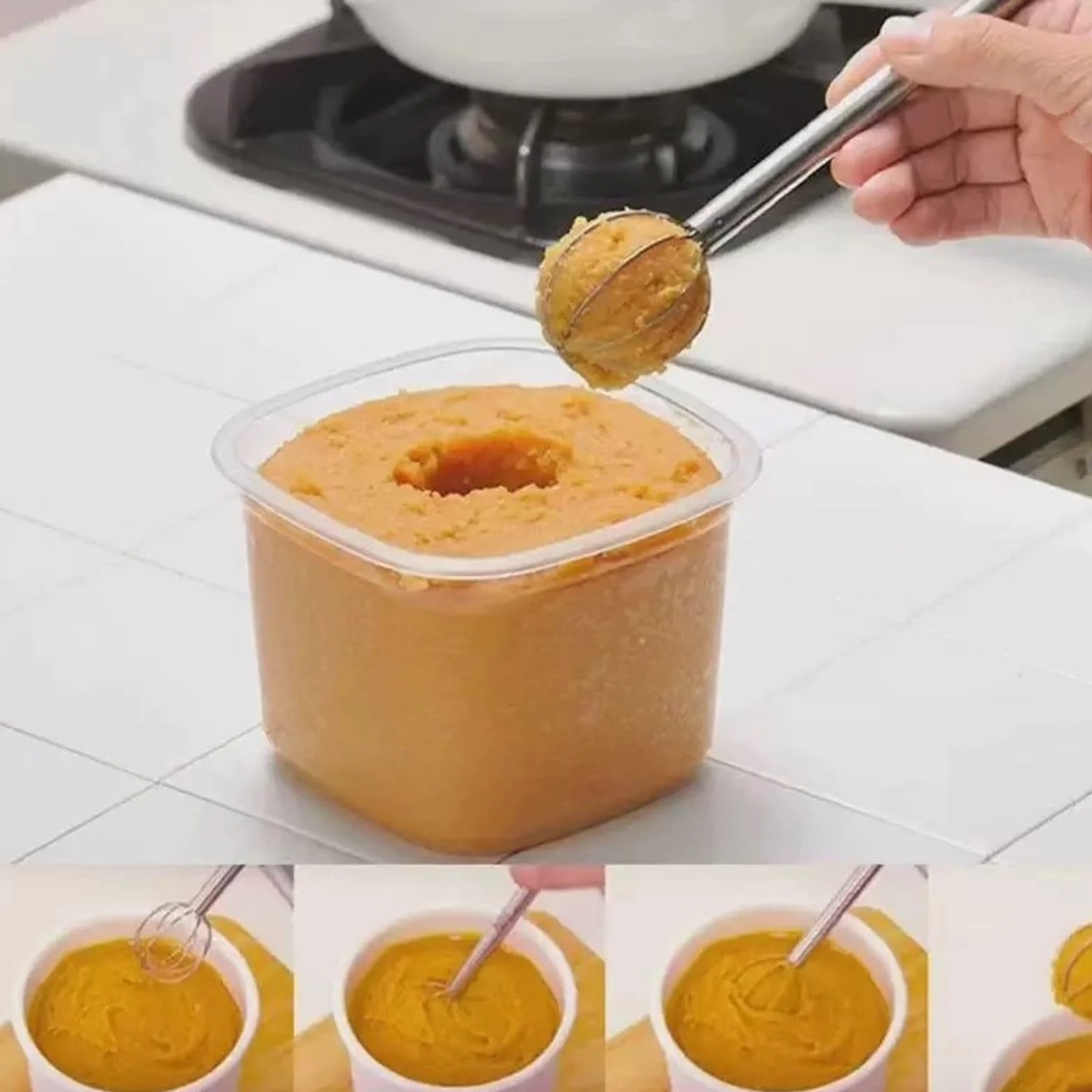 Mélangeur miso à tête en acier inoxydable, cuillère à mélanger