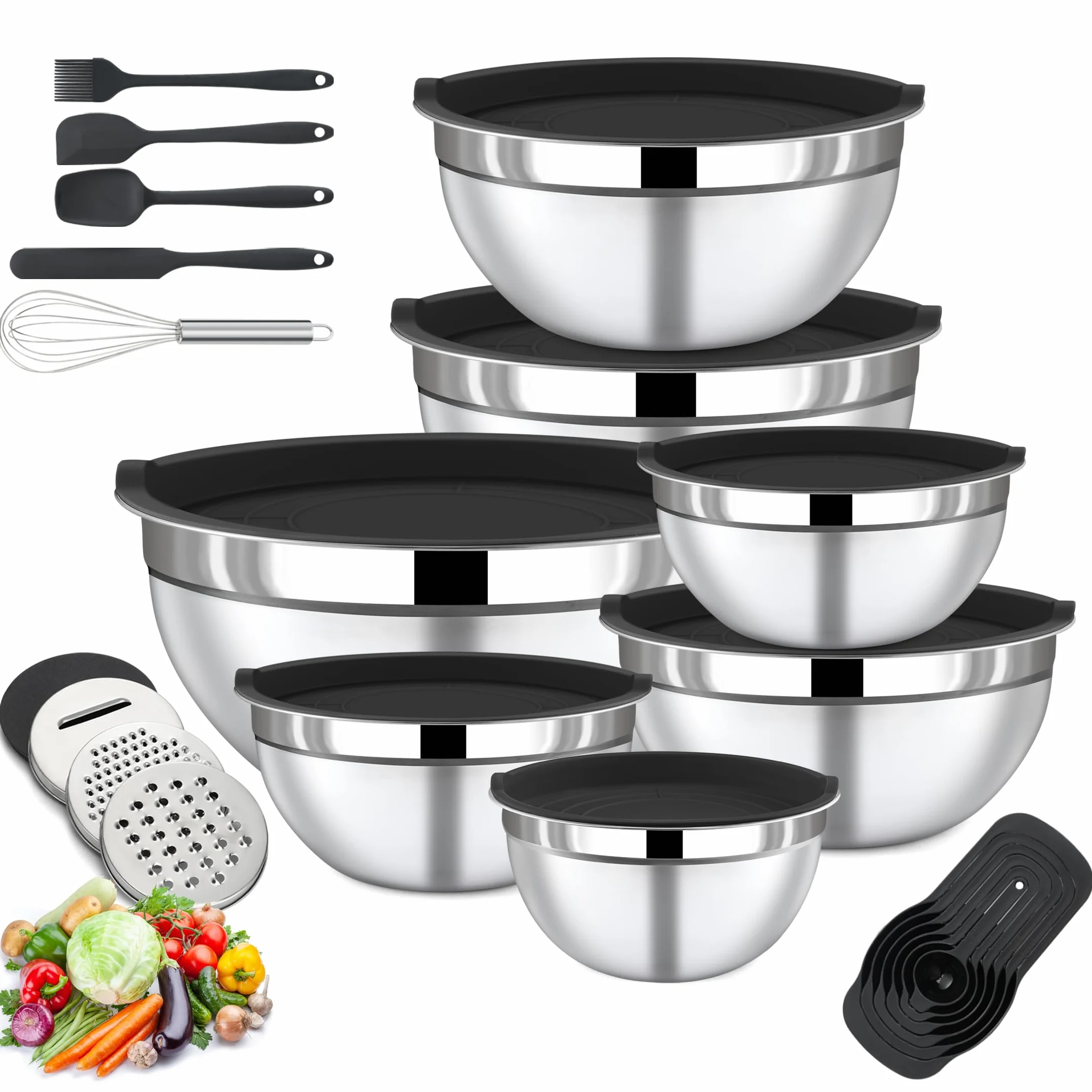 BEWOS Set de 7 Saladiers avec Couvercle - Set de Saladiers Inox avec Râpe, Cul de Poule Lavable au Lave-Vaisselle, Tailles 0.74, 1.16, 1.59, 2.00, 2.75, 3.38, 4.54 QT pour Préparation et Service