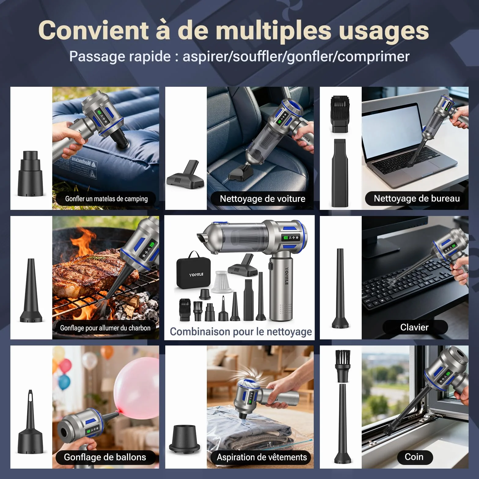 Aspirateur à Main, 27000Pa/120W Mini Aspirateur sans Fil & 250.000 tr/min Aspirateur de Voiture à 3 Vitesses avec Moteur sans Brosse, Aspirateur Voiture Sans Fil Pour Bureau,Maison, Cuisine,Poils