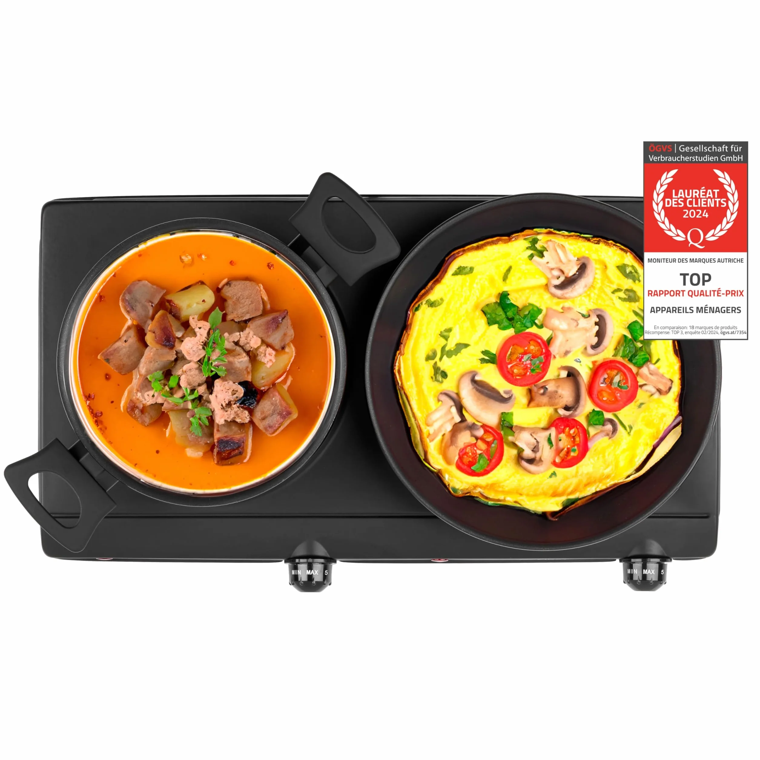 TZS First Austria - Plaque de cuisson double infrarouge vitrocéramique TOUS types de casseroles 2500W - Mini réchaud électrique pour déménagement, camping & maison - Réglage continu & témoin contrôle