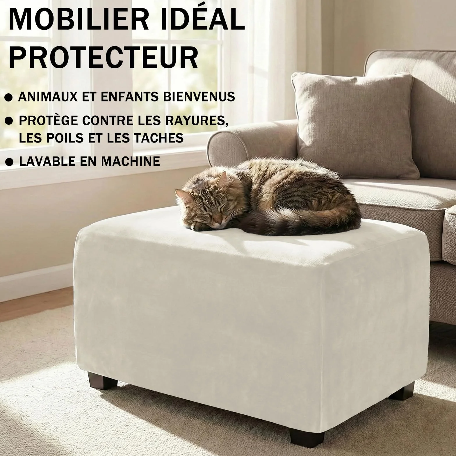 Housse Ottoman Rectangulaire Extensible Velours Repose-Pieds Amovible Antidérapant Blanc Crème