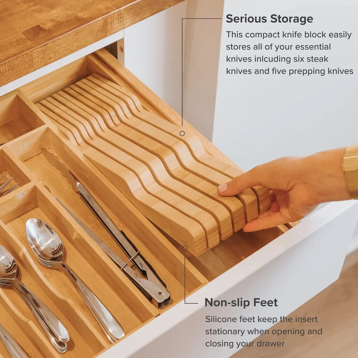 KitchenEdge Porte-Couteaux de Cuisine en Bambou Peut Contenir 5 Couteaux Longs + 6 Courts (Non Inclus) S’adapte à la Plupart des Tailles de Couteaux, Pieds en Caoutchouc, Bambou, Design Dans le Tiroir