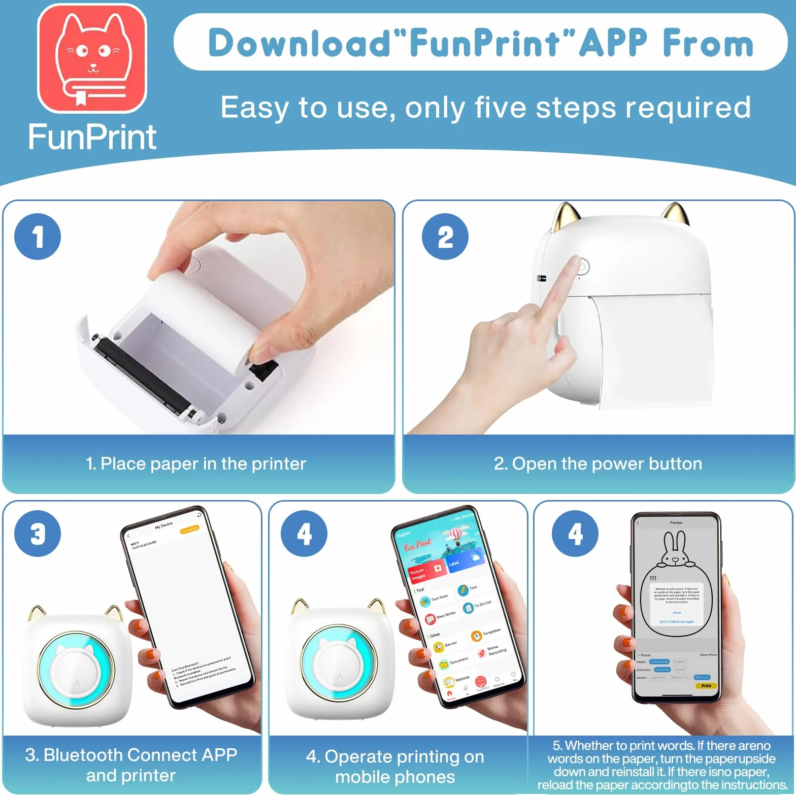 Mini Imprimante Thermique Portable Bluetooth pour iOS Android, 14 Rouleaux Papier, Étiquettes, Images, Blanc
