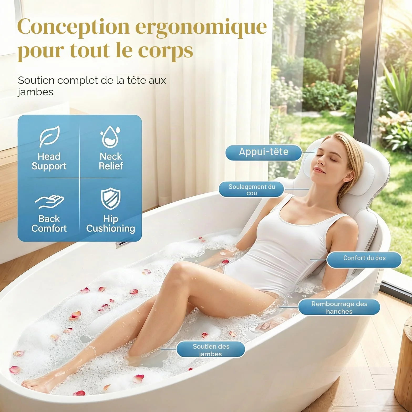 Coussin de bain Sxiiro, luxueux coussin de bain avec 192 ventouses, pour le soutien de la tête et du cou, blanc, 129,5 x 40,6 cm