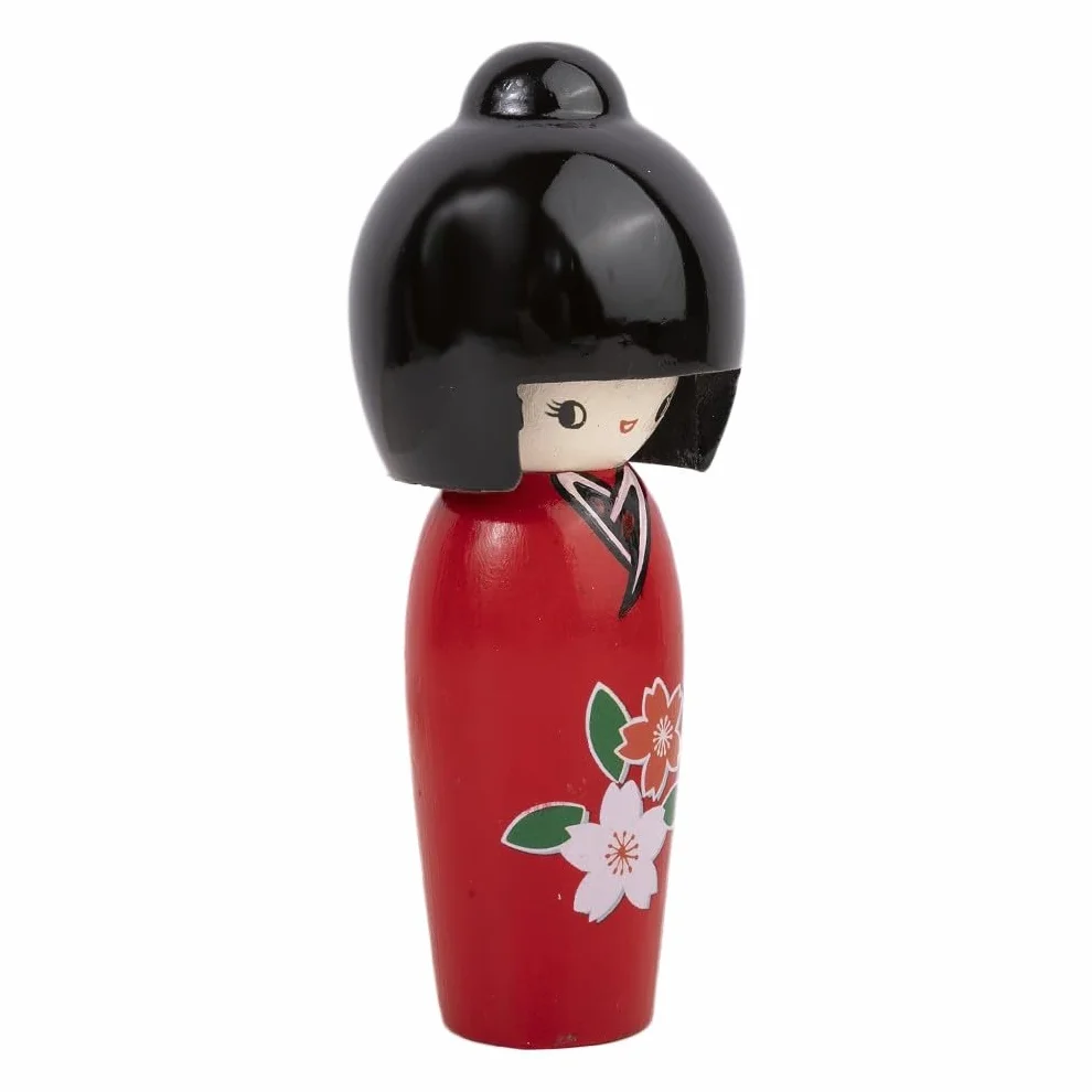 Kokeshi Japonaise Sérénité Rouge 14,5 cm - Poupée Japonaise en Bois, Kimono Fleurs de Cerisier - Figurine Déco Japonaise Traditionnelle