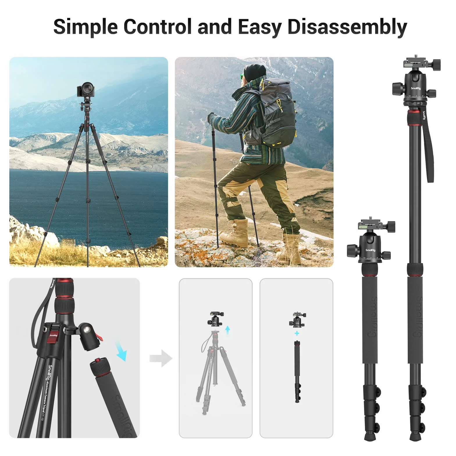 SMALLRIG 71" statyw fotograficzny, składany aluminiowy statyw, zdejmowana głowica kulowa 360° i płytka szybkiego zwalniania, z zaciskiem do smartfona, ładowność 15 kg 33lb, 71in/180cm - 3935