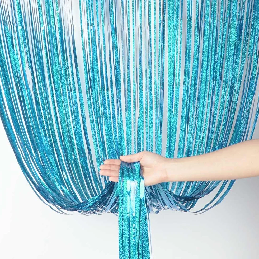 OFFCUP Rideau Métallique de Frange Bleu Clair 1m x 2m Aluminium Brillant Décoration Fête Mariage Anniversaire Photobooth