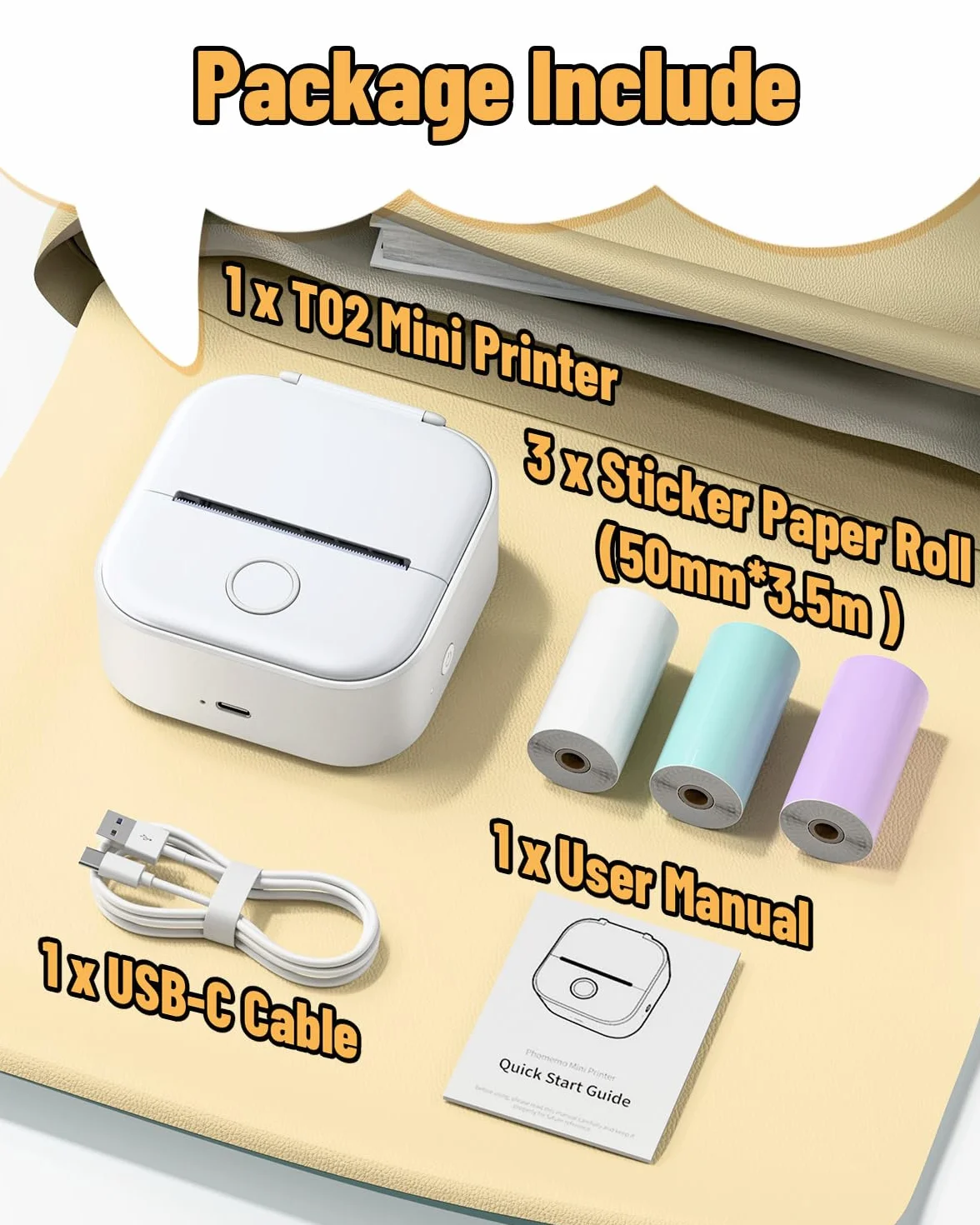 Phomemo Mini drukarka, T02 drukarka fotograficzna na telefon komórkowy, naklejka termiczna, mała, 50-53 mm, czarno-biały druk na telefon i tablet, fajna drukarka termiczna do biura, domu, szkoły