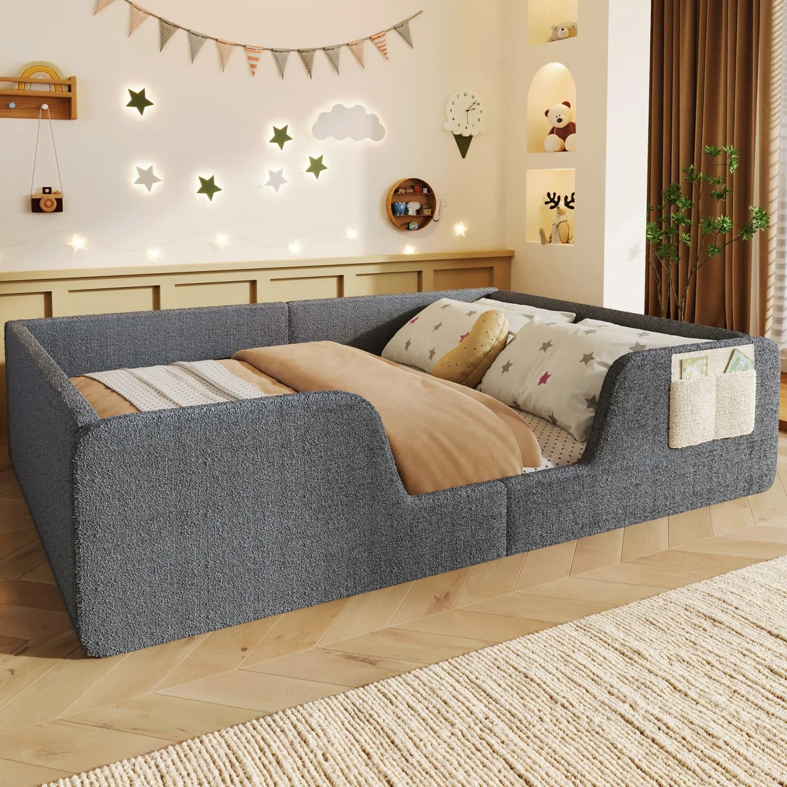 KOMHTOM Lit Enfant au Sol, Lit Montessori, Lit Capitonné en Velours, Barrière de Sécurité Amovible, Sommier à Lattes, Poche de Rangement Tissu, Design Sûr, sans Matelas (Gris)