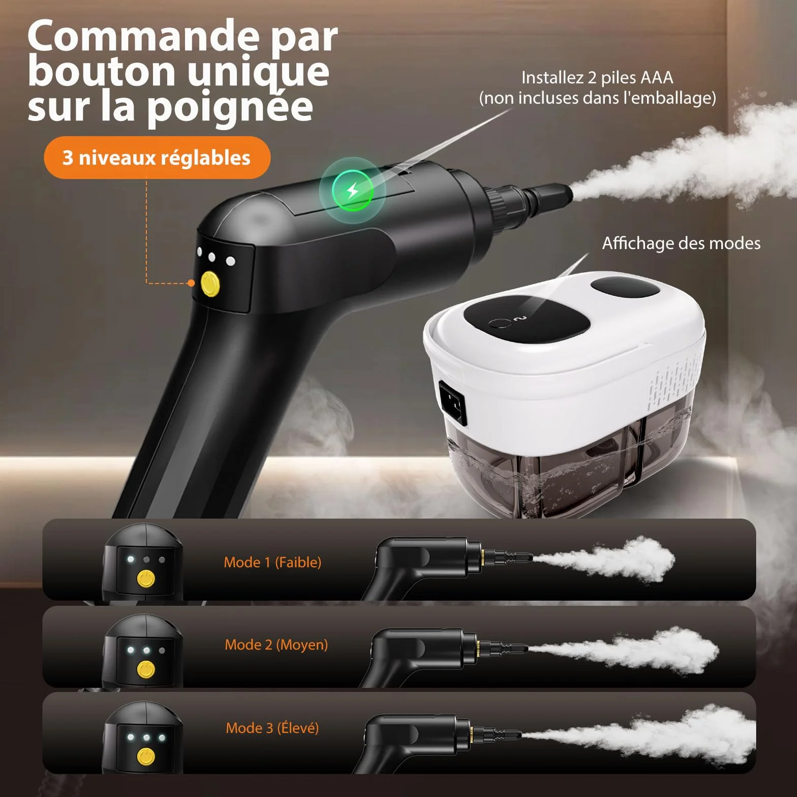 Nettoyeur Vapeur, Nettoyeur Vapeur Portable, Chauffe Rapide en 15s, 3 Niveaux de Réglage, 1,4L Steam Cleaner, Nettoyeur Vapeur Haute Pression Pour Maison, Cuisine, Salle de Bain, Auto, Sols, Meubles