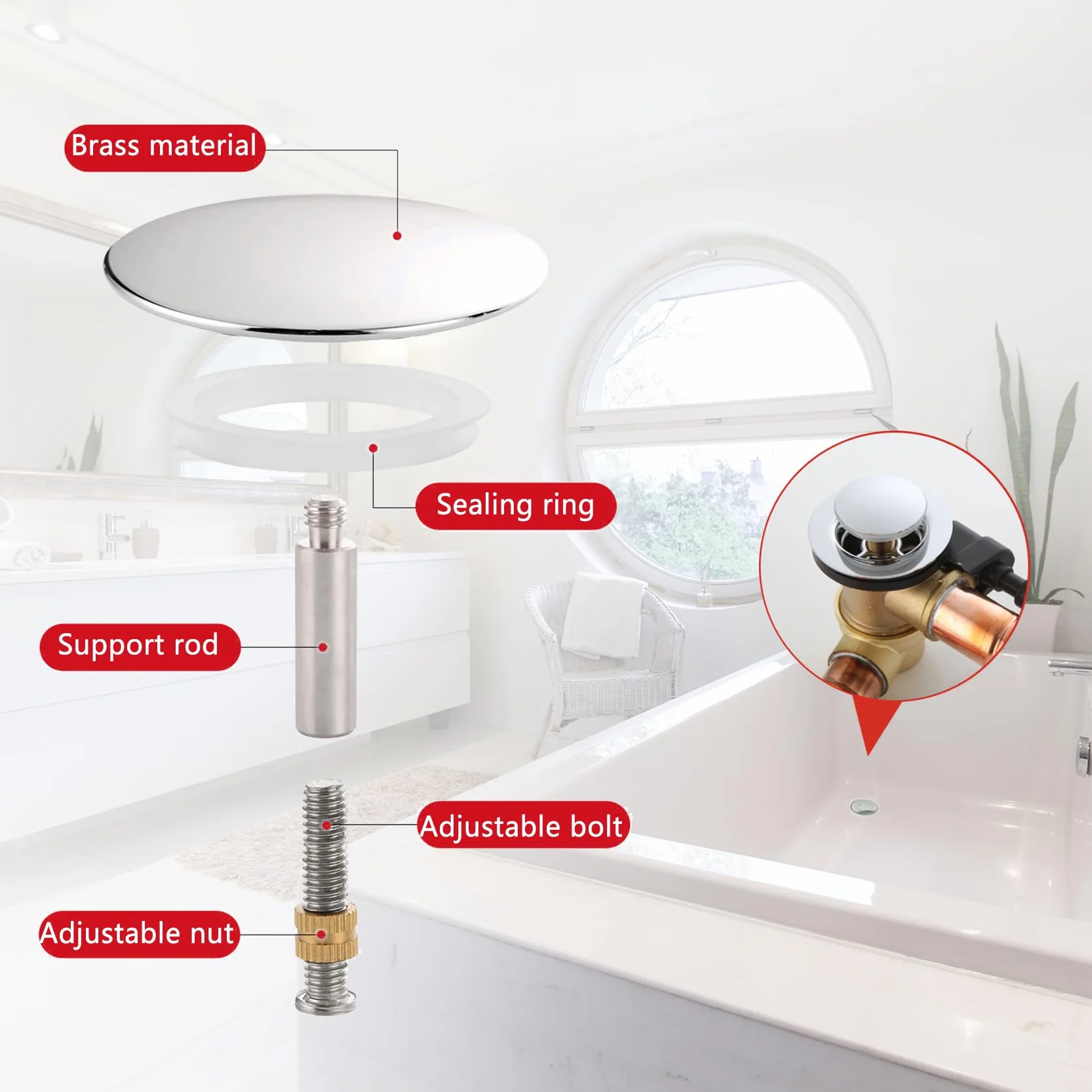 Bouchon De Baignoire Ø 72 mm avec Vis Réglable, Clapet De Lavabo