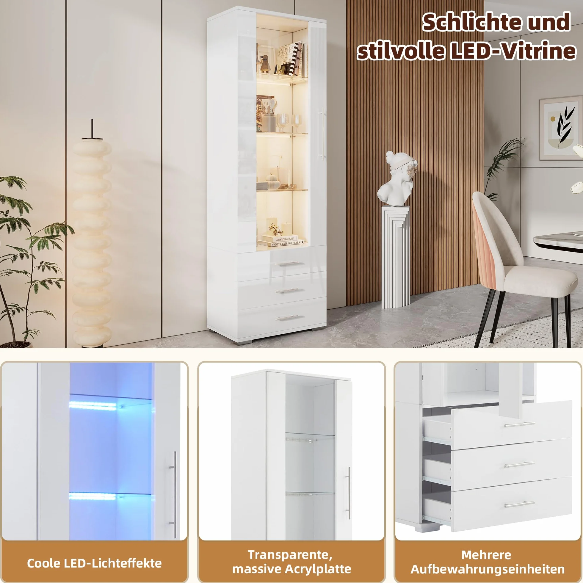 Merax Vitrine en verre avec éclairage LED blanc brillant avec portes et 3 tiroirs, armoire haute de 180 cm, armoire de cuisine, armoire polyvalente pour salon, chambre à coucher, bureau