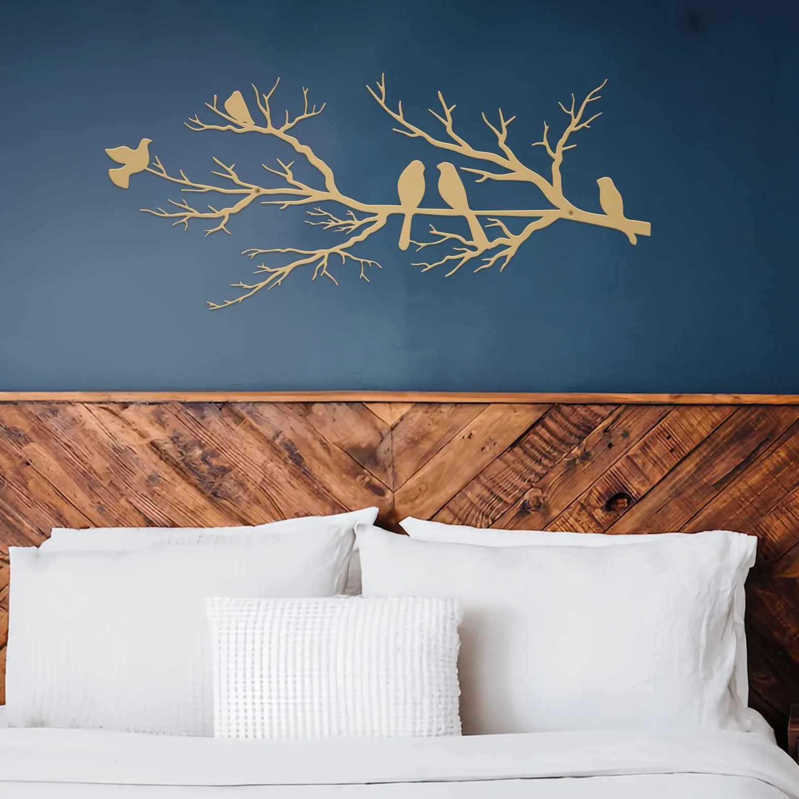 ESTART Décoration murale d'extérieur en métal Silhouette d'oiseaux sur branche Feuilles dorées Sculpture murale