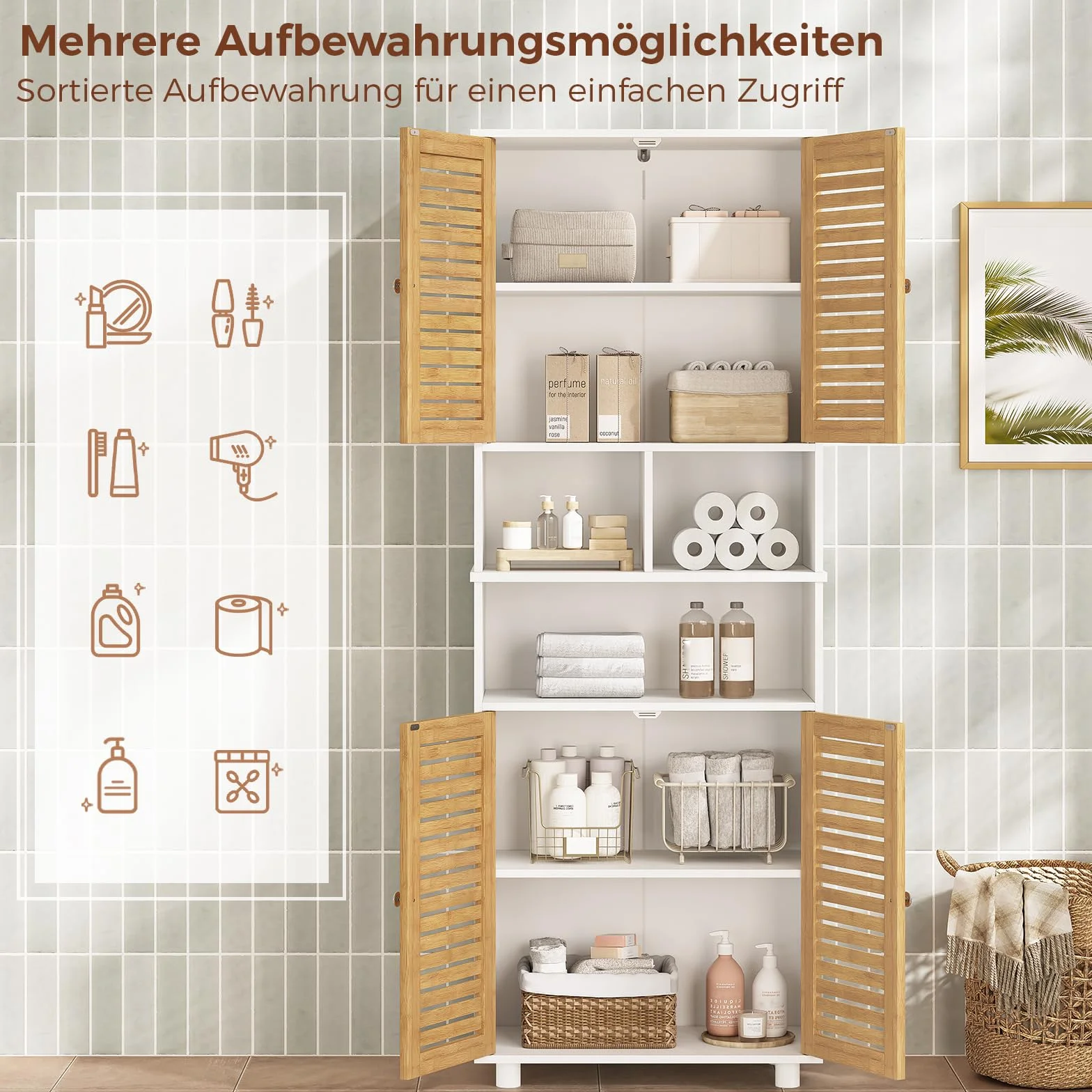 Meuble Colonne de Salle de Bain, Armoire Haute Cuisine avec 3 Étagères Réglables et Ouvertes, 4 Portes en Bambou, Meuble de Rangement pour Salon, Cuisine, Salle de Bain, 60x30x170 cm