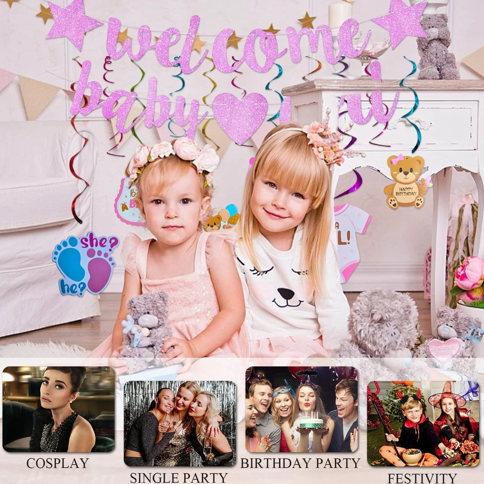 Kit Décoration Baby Shower Fille Bannière Rose Pailletée Spirales Suspendues Accueil Nouveau-né