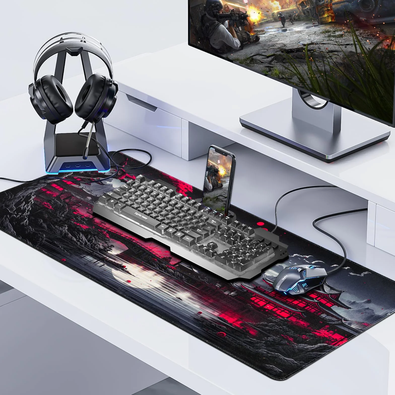 Tapis de Souris Gaming XXL 900x400mm Japonais Antidérapant Bords Cousus Imperméable
