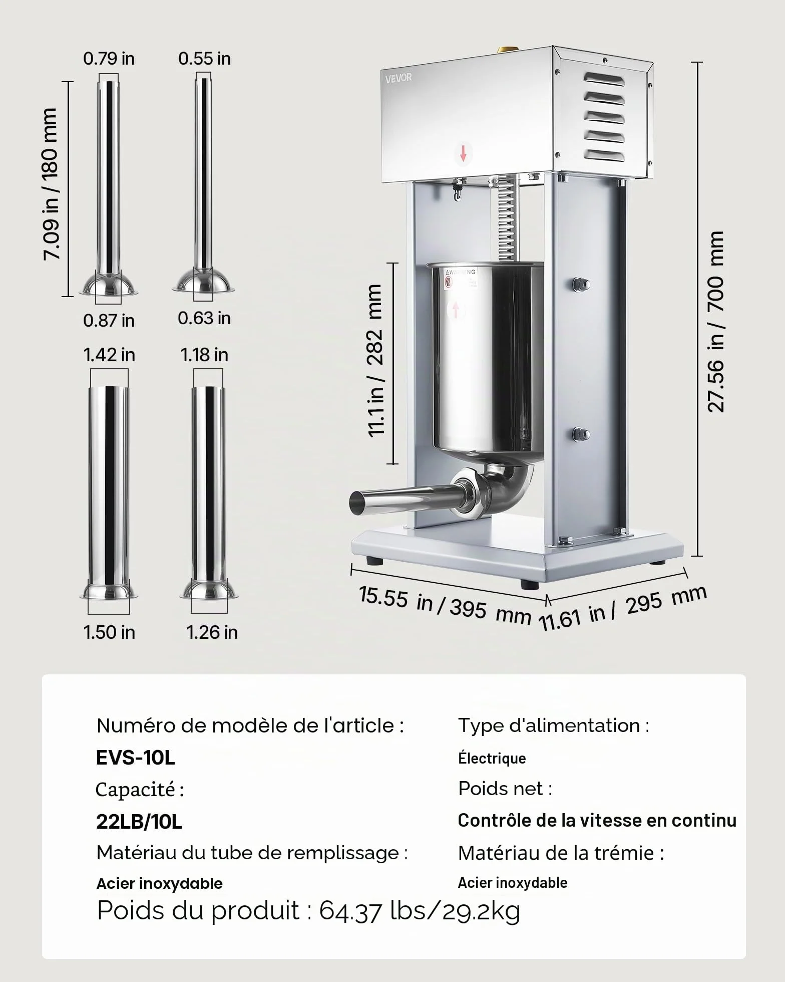 VEVOR Poussoir à Saucisses Électrique 10 L, Machine à Saucisses Verticale en Acier Inoxydable, pour Saucissons Restaurant Supermarché Boucherie, Réglage Continu de la Vitesse, 4 Tubes de Remplissage