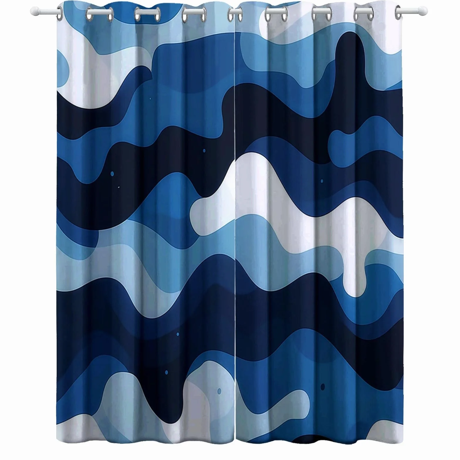Rideaux Longs Occultants 140x260 cm 2 Panneaux Camouflage Moderne Blanc Bleu