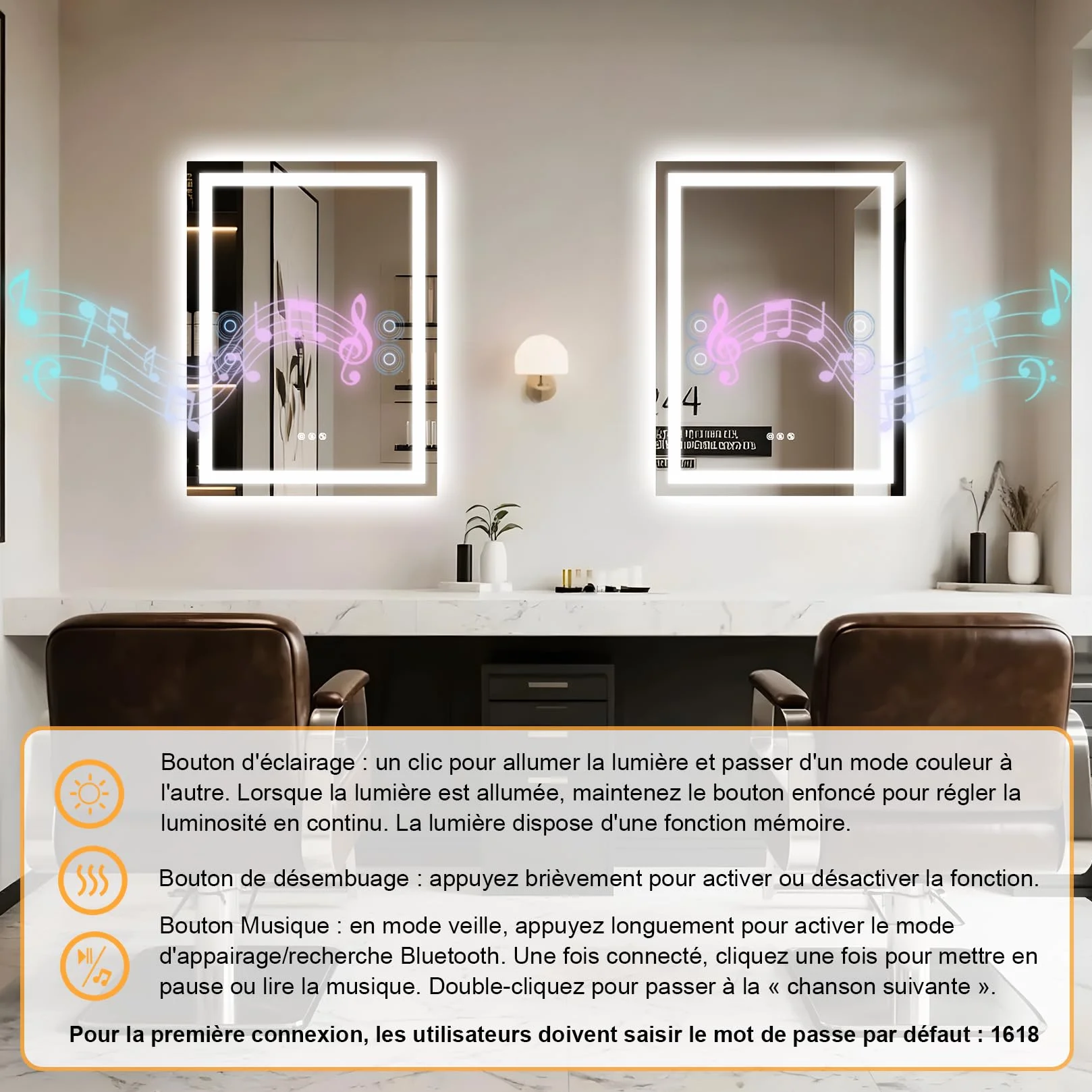 Miroir de Salle de Bain LED avec lumières 60x80cm,Double Haut-Parleur Bluetooth,Anti-buée,3 températures de Couleur,luminosité à intensité Variable,Fonction mémoire,étanche,Support Mural