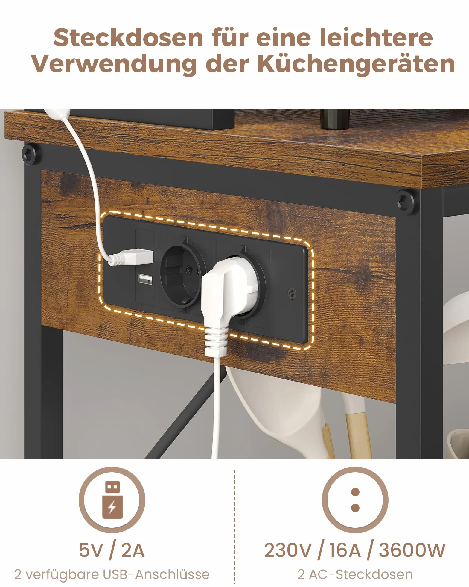 KIMENICH Étagère de Cuisine, Meuble de Cuisine avec LED et Multiprise, Étagère à Micro-Ondes à 6 Niveaux avec 8 Crochets en S, pour Cuisine, Salon, 40 * 60 * 174 cm, Marron