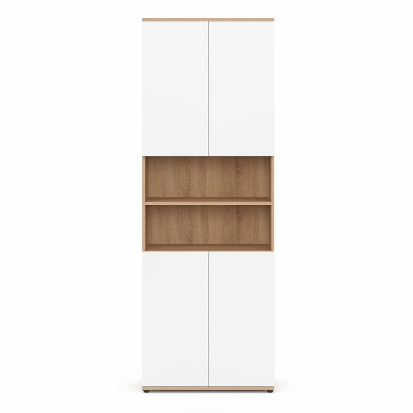 IDMarket - Meuble Armoire Colonne Salle de Bain TOMI 4 Portes 2 niches façon hêtre et Blanc