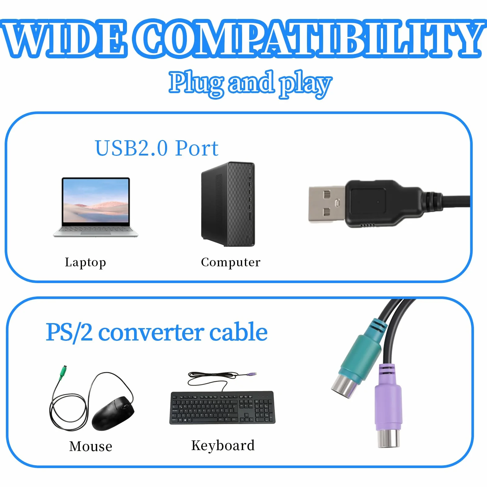 Adaptateur PS/2 vers USB, Convertisseur Câble PS/2 vers USB pour Clavier et Souris PS2