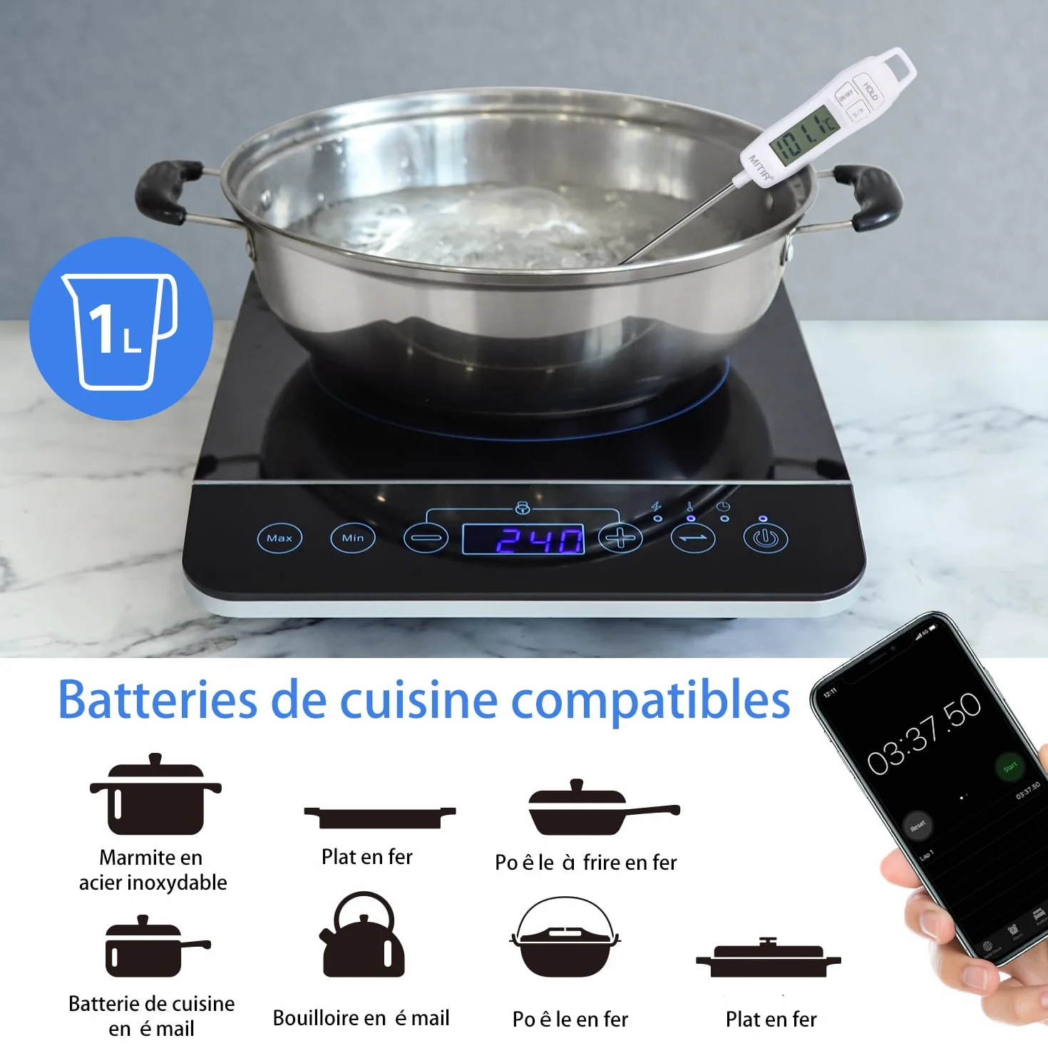 Aigostar BlueFire 30PKZ - Plaque à induction portable 10 puissances. Tactile, programmable, chauffe rapide. Écran LED. 2000W, noir.