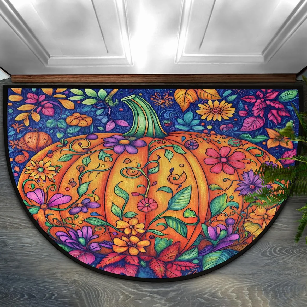 Mexpekil Grand paillasson d'intérieur avec fleurs de citrouille, tapis de bienvenue en demi-lune antidérapant doux 91,4 x 61 cm