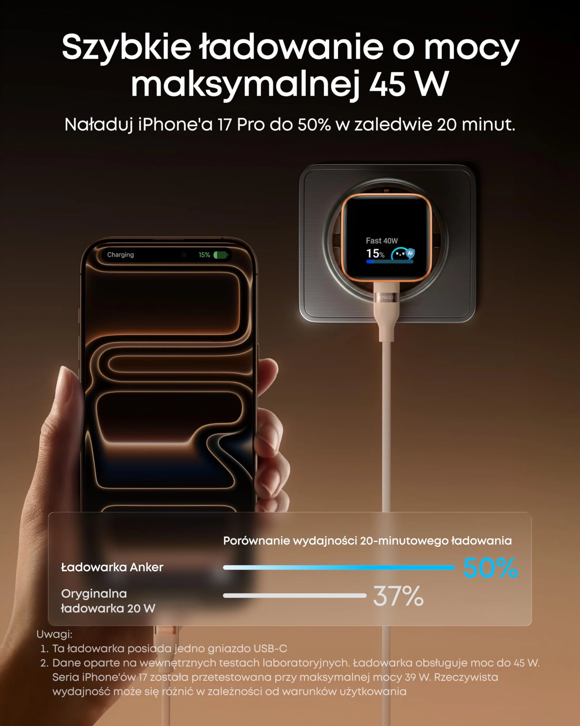Ładowarka Anker Nano 45 W USB-C, zasilacz 45 W z wyświetlaczem Smart Display, funkcją inteligentnego wykrywania i wbudowanym trybem oszczędzania energii, do iPhone'a 17/16/15 (bez baterii, bez kabla)