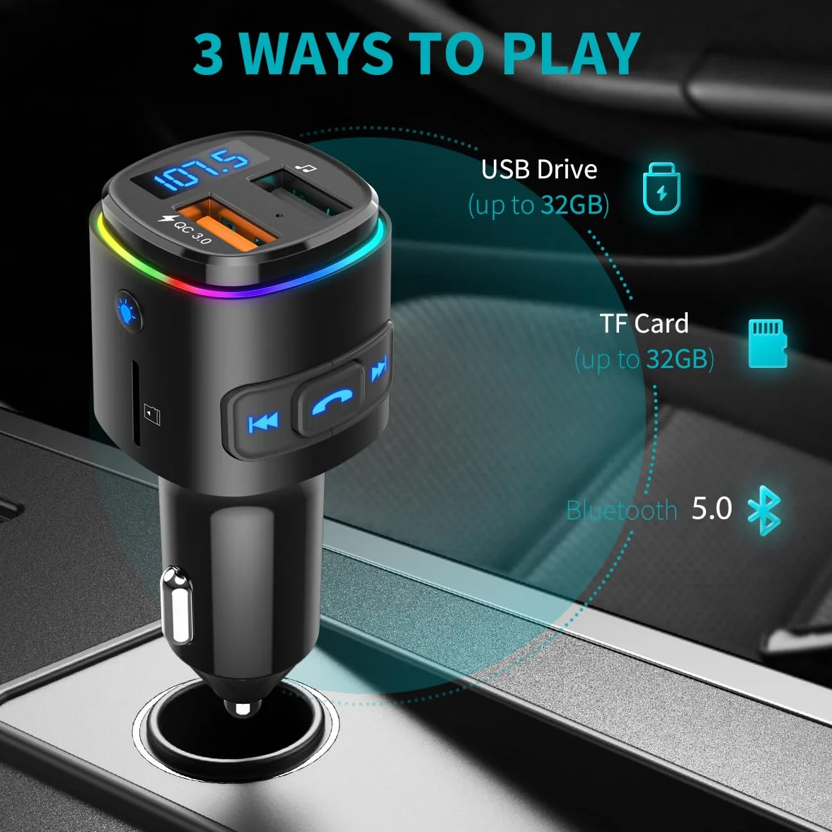 ORIA nadajnik FM Bluetooth, adapter radiowy samochodowy, z Siri Assistant, QC 3.0 USB Port, samochodowy Bluetooth adapter muzyczny, zestaw samochodowy, obsługuje kartę USB/TF, pistolet czarny