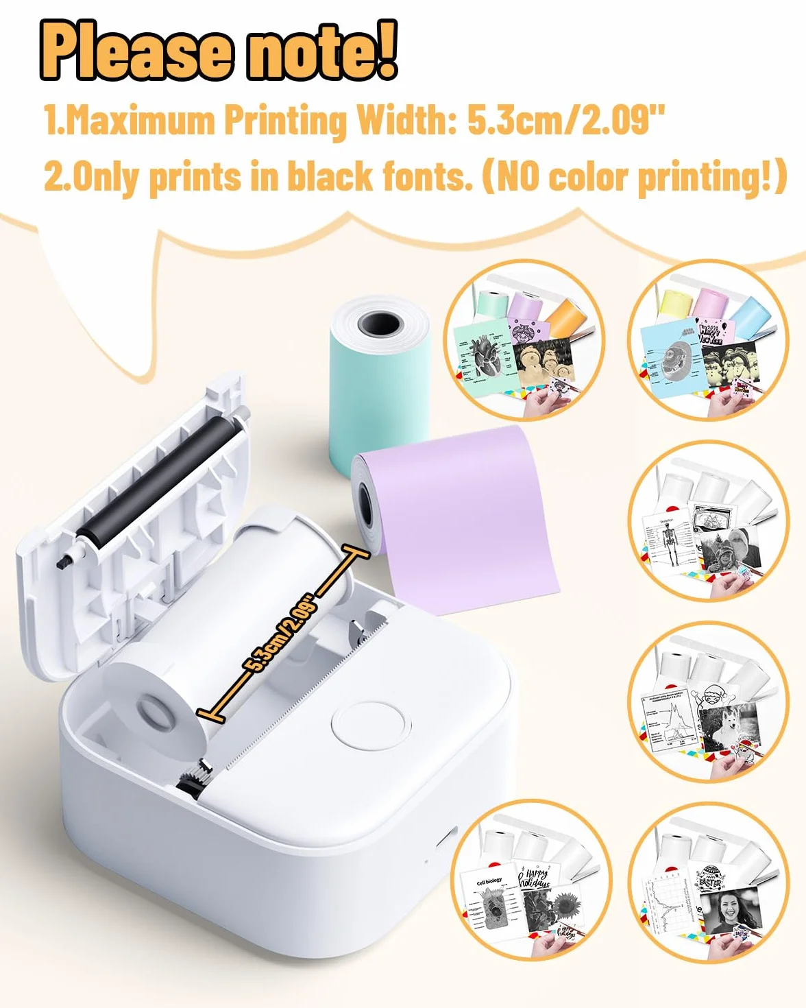 Phomemo Mini drukarka, T02 drukarka fotograficzna na telefon komórkowy, naklejka termiczna, mała, 50-53 mm, czarno-biały druk na telefon i tablet, fajna drukarka termiczna do biura, domu, szkoły