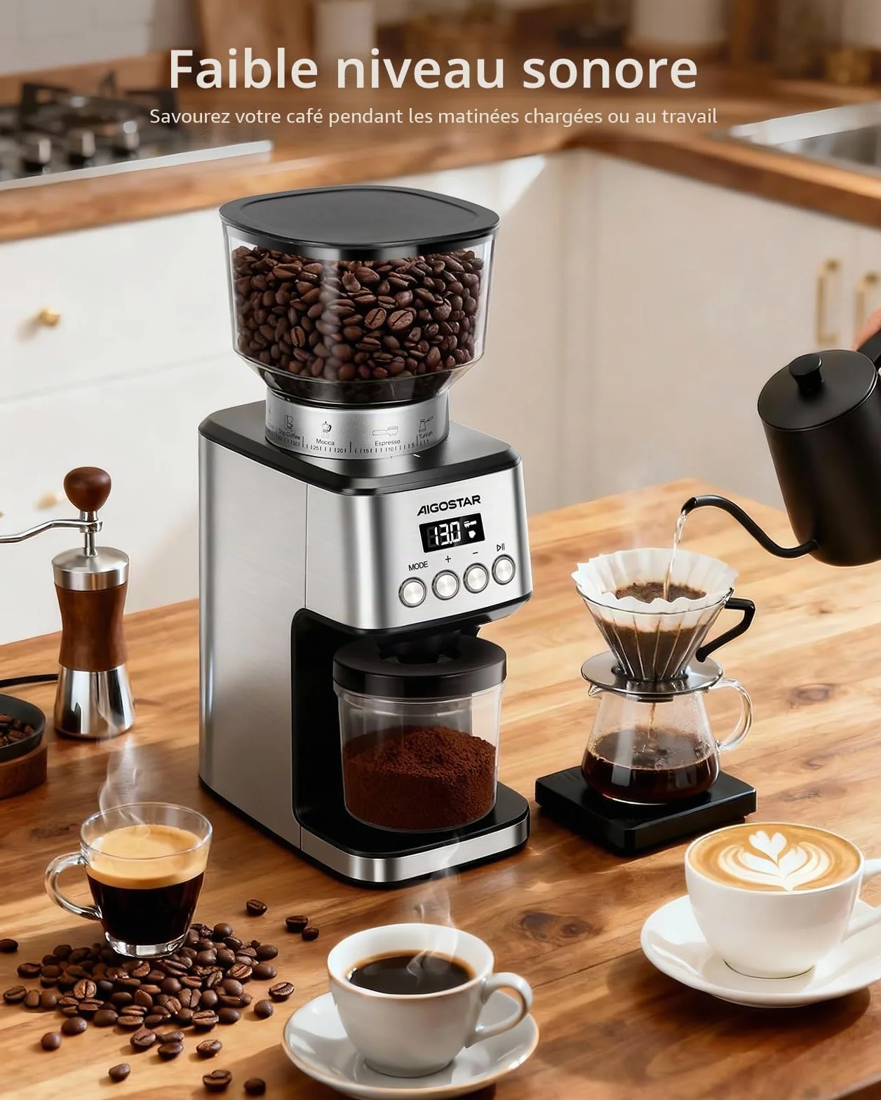 Aigostar Moulin à Café Electrique Conique, 52 Réglages de Meulage, Coffee Grinder Electrique Pour Expresso, Broyeur Cafe Grain Professionnelle Avec Affichage Numérique Précis, Acier Inoxydable, Argent