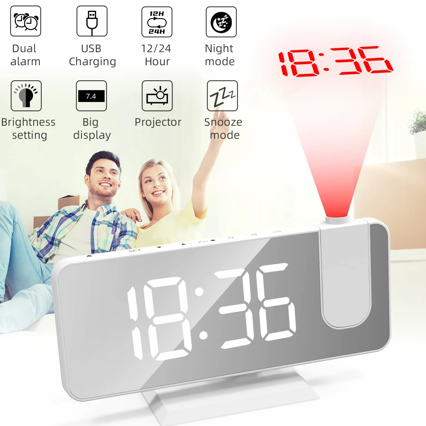 Réveil Projection Plafond Mur Alarme Double Snooze 12/24 H Charge USB Affichage LED Miroir 4 Niveaux Lumière Intensité Variable Blanc