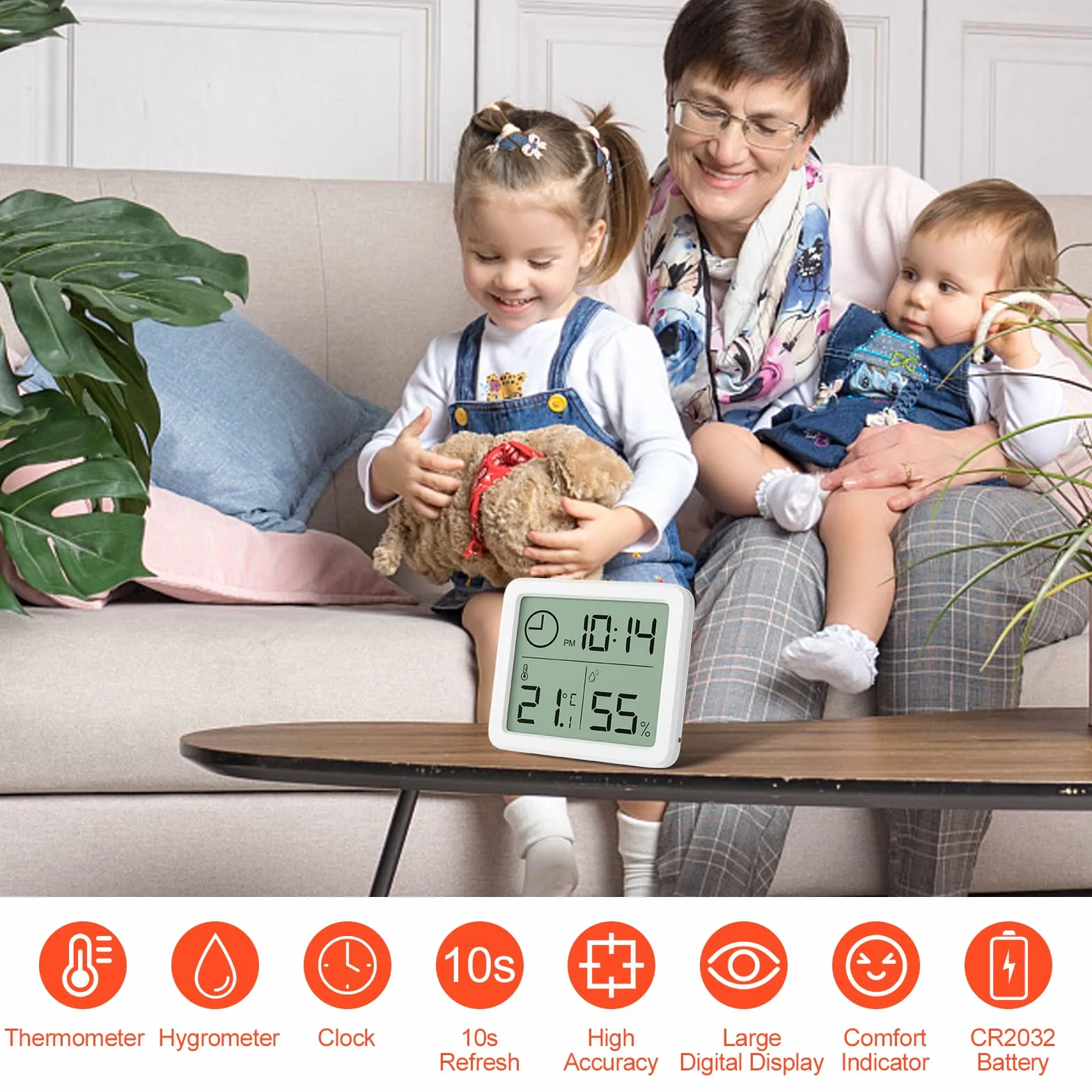 Professionnel Thermomètre Intérieur Numérique Hygromètre Portable Grand Écran avec Horloge Blanc Précis