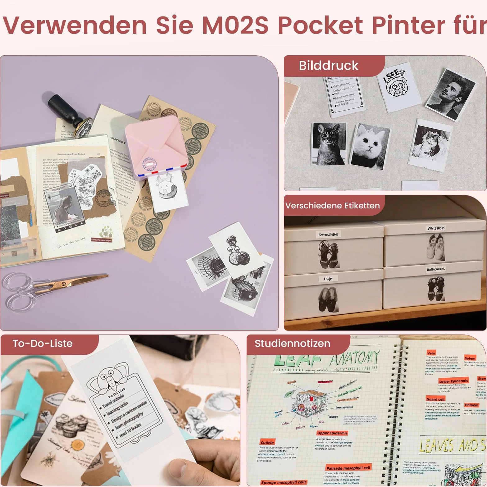 Mini Drukarka termiczna Bluetooth M02S, drukarka fotograficzna do smartfona, naklejki, kieszonkowa do nauki