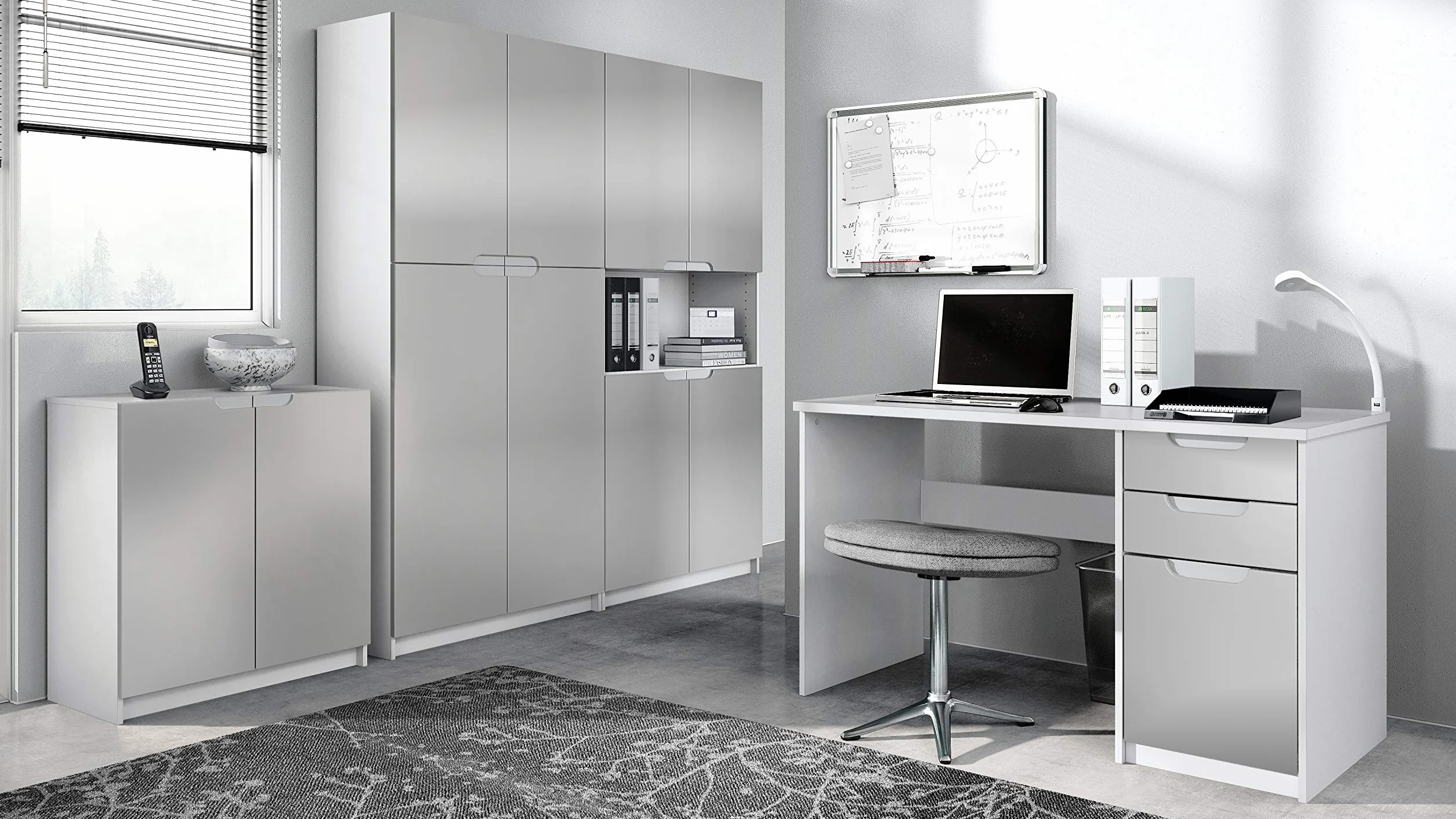Vladon Ensemble de Meubles de Bureau Armoire Commode Rangement Logan, Blanc Mat/Gris Clair satiné