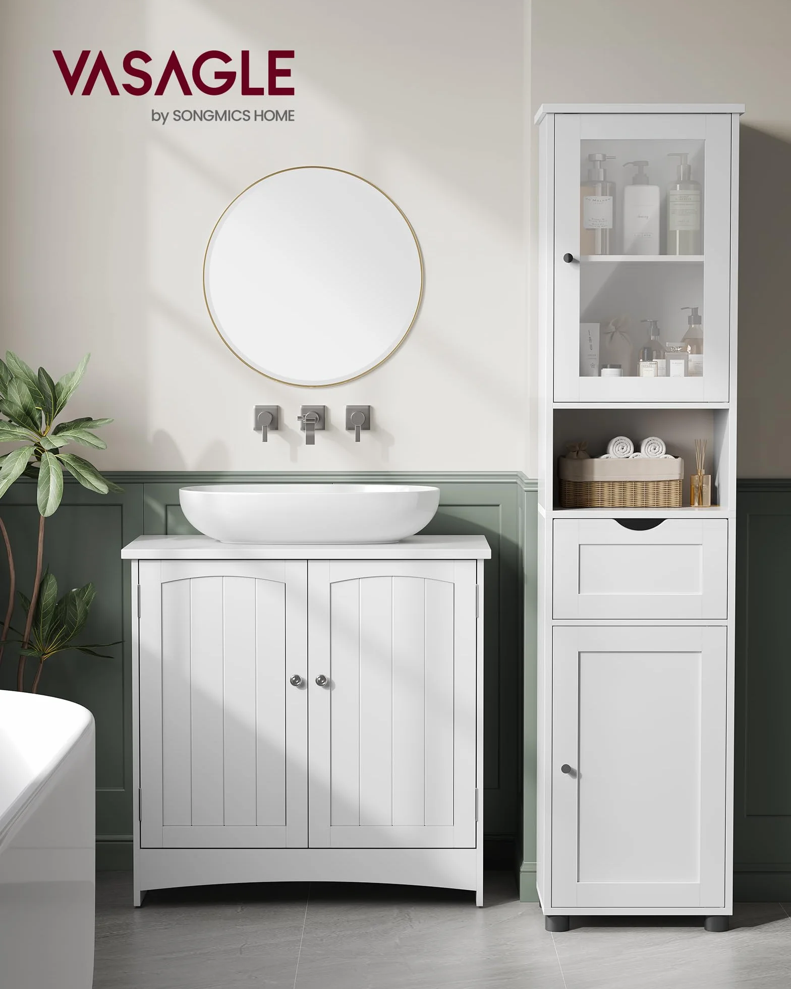 VASAGLE Meuble Salle de Bain, Colonne, Rangement avec Étagères Réglables, Placards à Porte, Tiroir, Compartiment, Gain de Place, Blanc Nuage BBK163W01