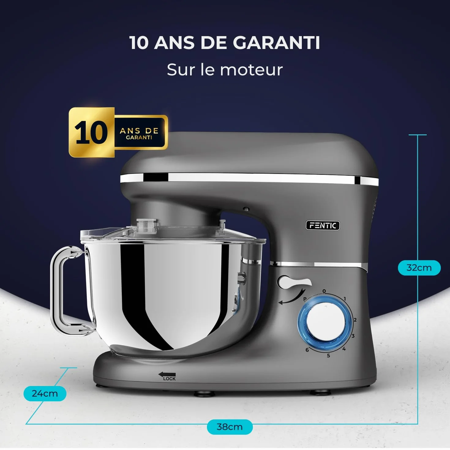 Robot Pâtissier – 2000W – Bol mélangeur en acier inoxydable (6,2L) – Avec fouet, Crochet pétrisseur et Batteur plat – Incl. et accessoires supplémentaires (Anthracite)