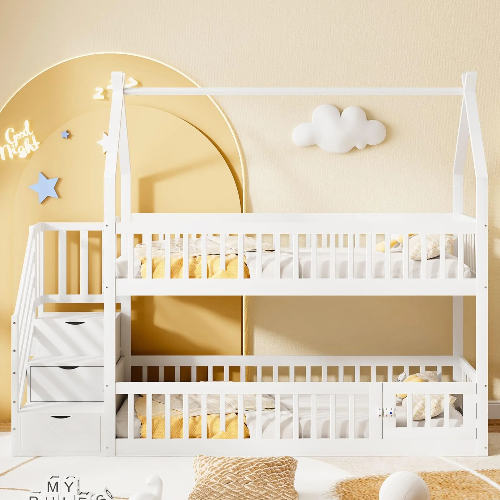 Lit Superposé Enfant 90x200 avec Échelle de Rangement,Porte,Haute Barrière de lit,Lit Cabane Enfant avec Sommier à Lattes Solide,pour Enfants Adolescents(B-Blanc, 90x200)